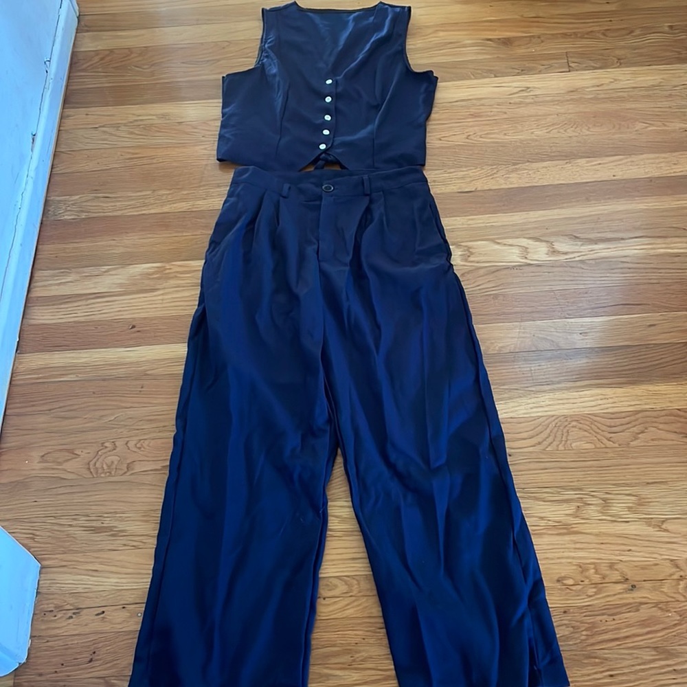 Blue cotton waistcoat with back tie and pleated pants set